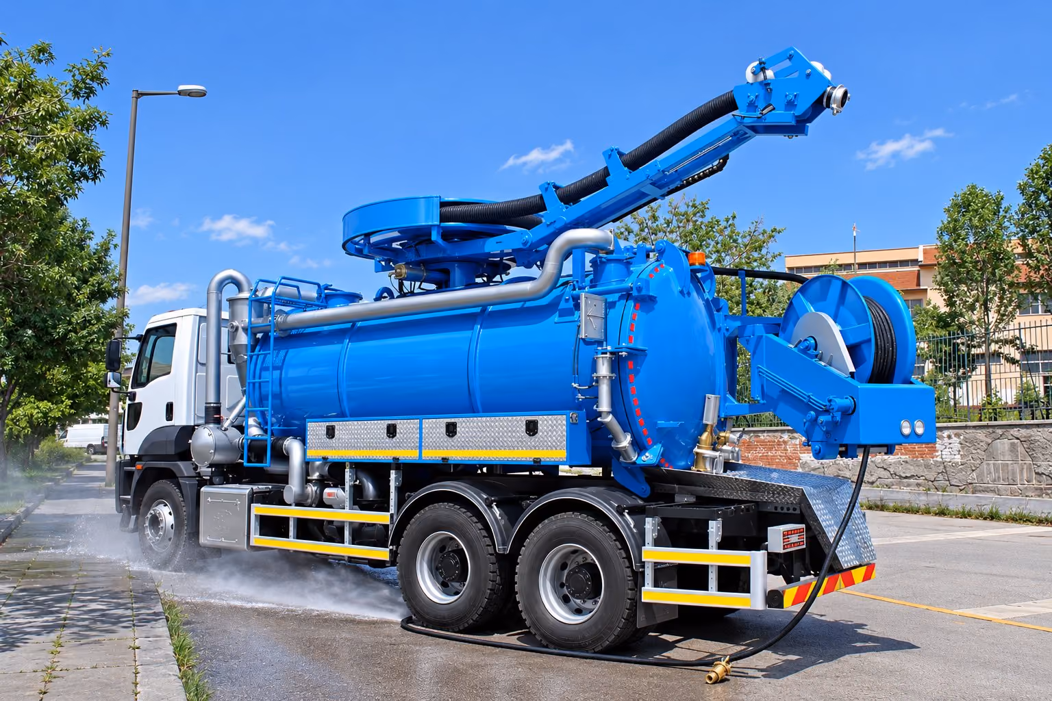 Kombine vidanjör aracı: vakum tankı açık, yüksek basınçlı su ünitesi görünüyor